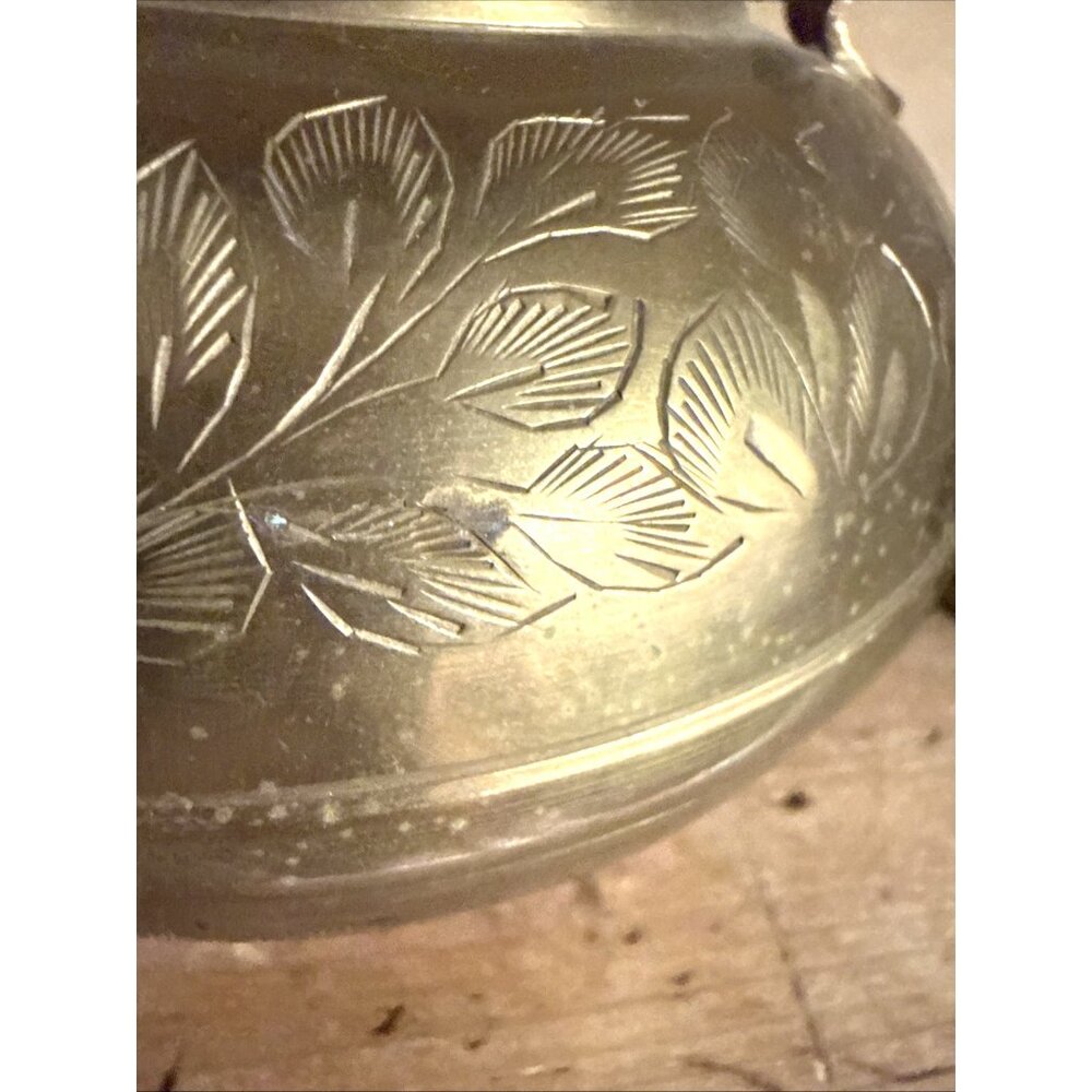 Vintage Small Etched Brass Teapot India 3" Brass Floral Decor Bronze Handle - Picture 11 of 11